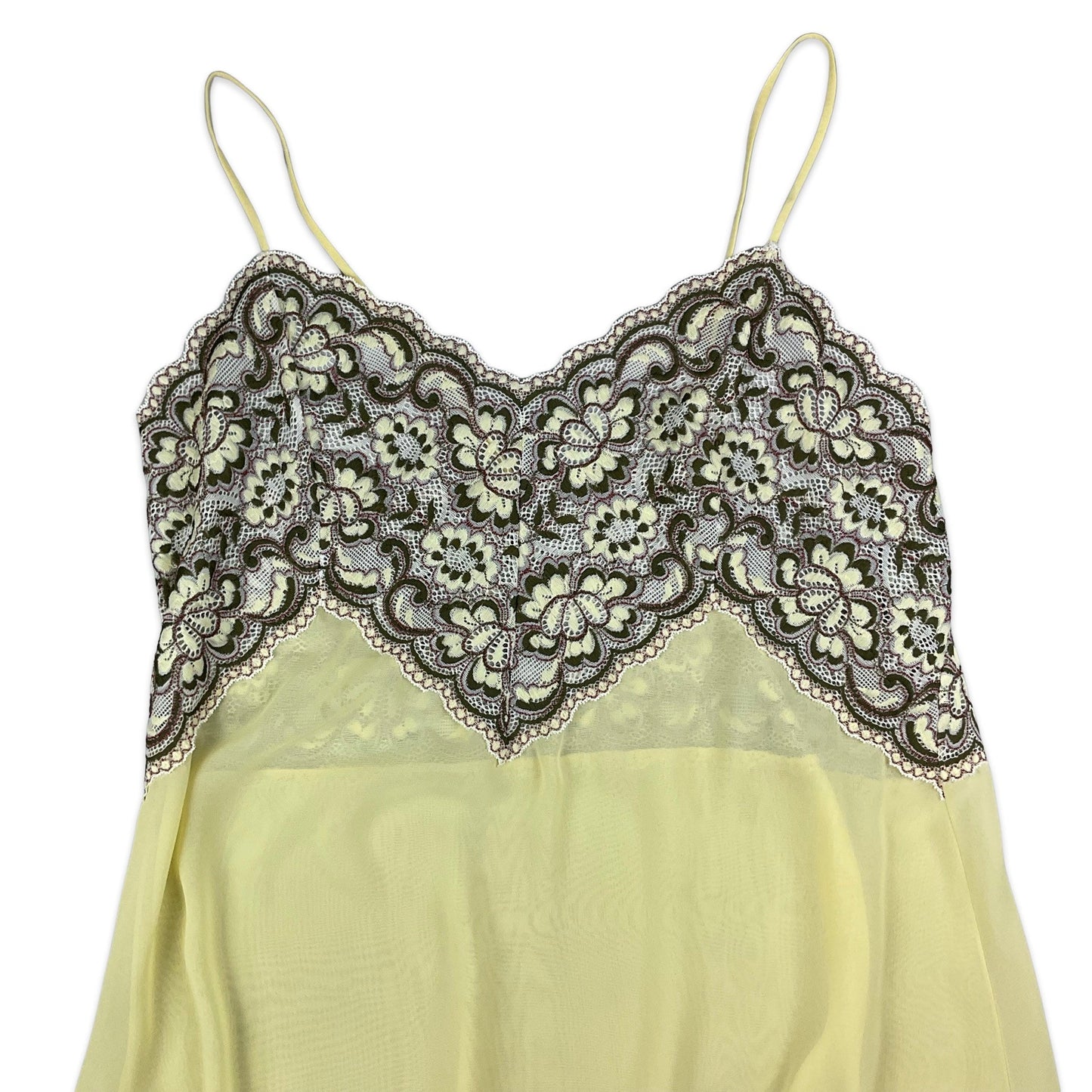 90s Yellow Sheer Slip Dress with Floral Embroidery