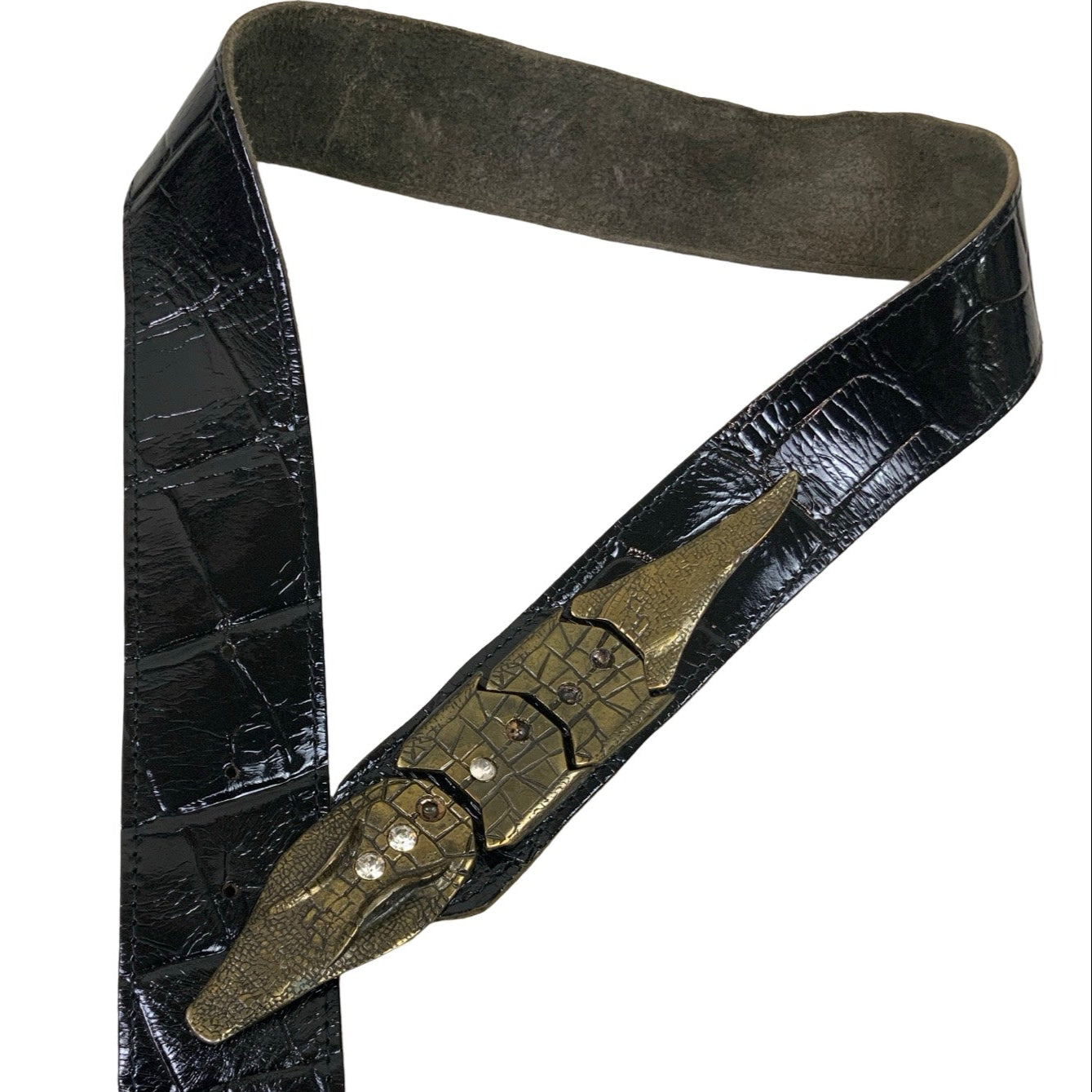 Vintage 90s 00s Y2k Black Shiny Faux Leather Low-Rise Alligator Stud Buckle Belt