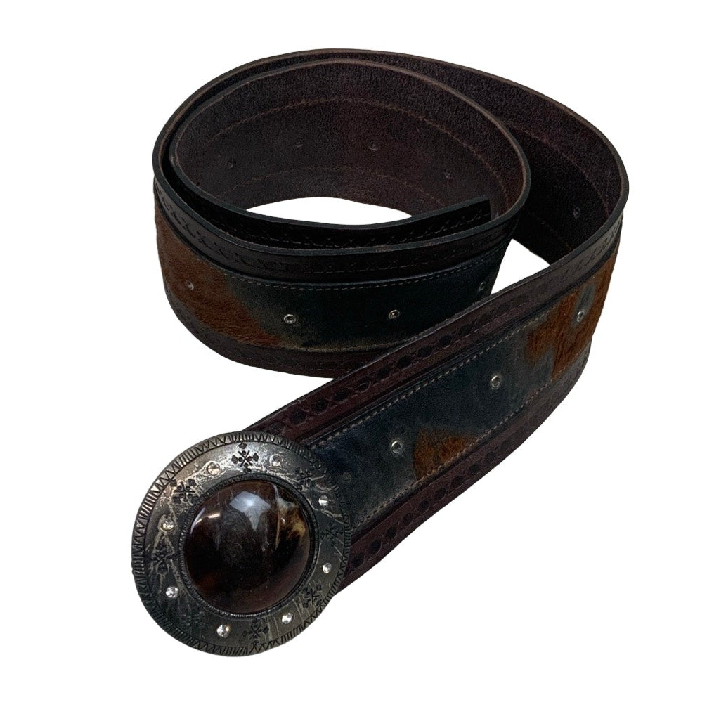 Vintage 70s 80s ‘Carl Colucci’ Brown Leather Cow Print Stud Buckle Belt