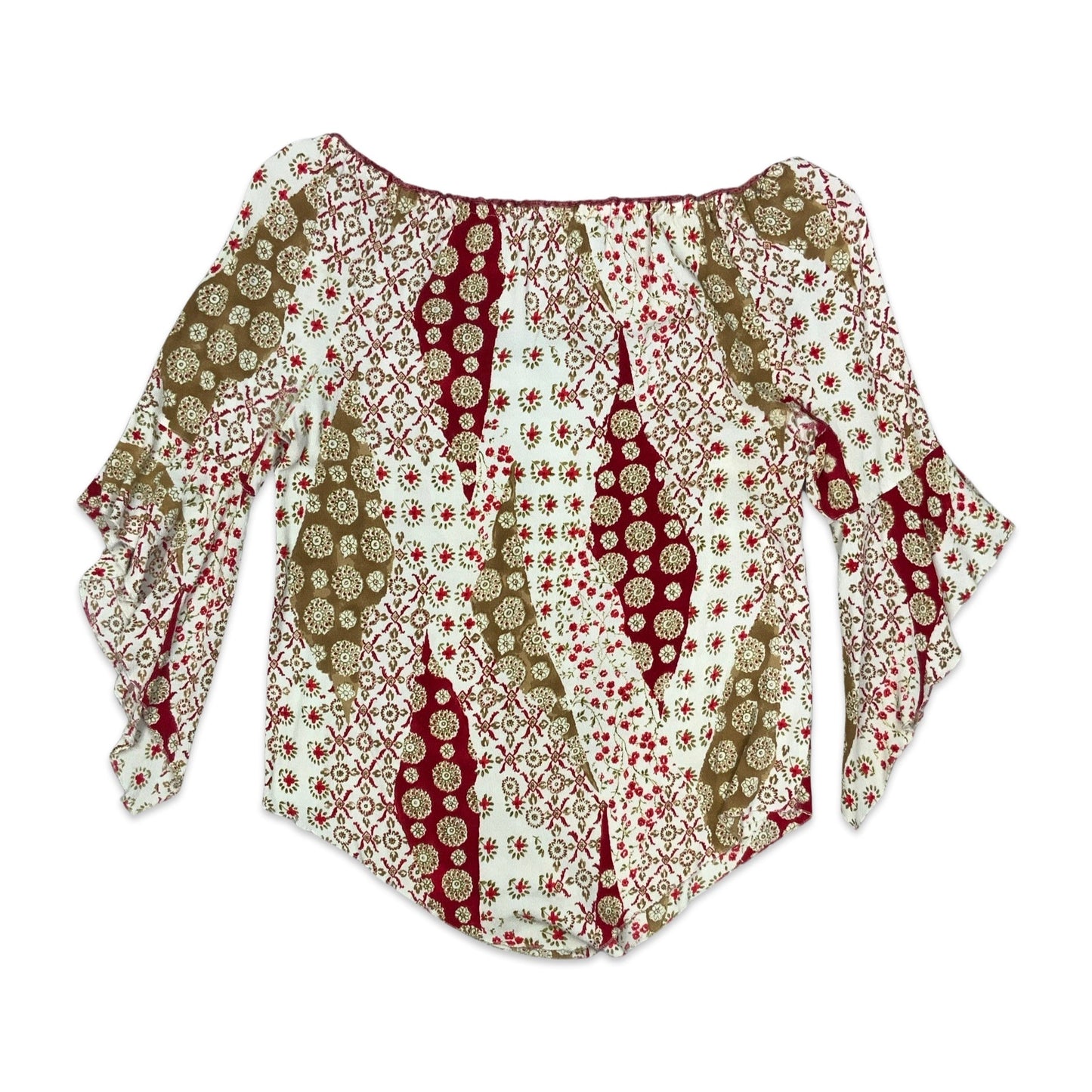 Vintage White Khaki & Red Floral Boho Top 16