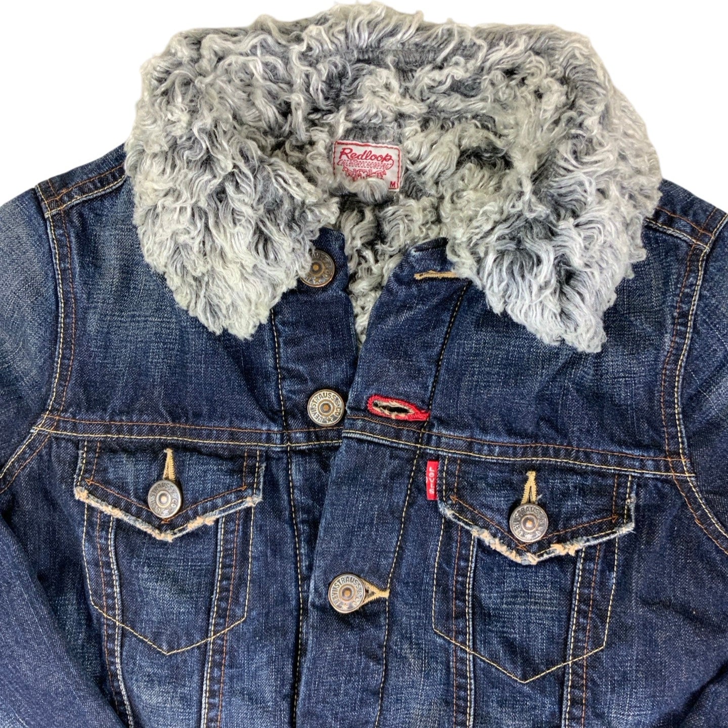 Vintage 00s Redloop Grey Faux Fur Sherpa Denim Jacket 10 12 S