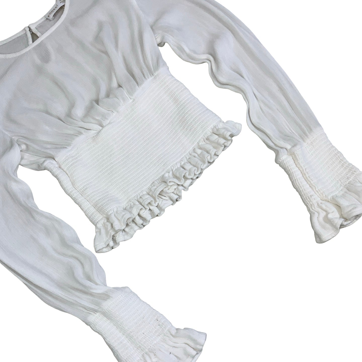 Vintage Y2k ‘Kookaï’ White Frill Long Sleeve Shirred Boho Blouse 4 XS