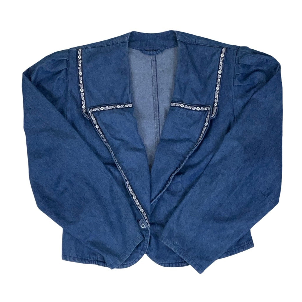 Vintage 70s 'Heller-Sport' Light Blue Floral Embroidered Crop Denim Jacket 12 14 S M