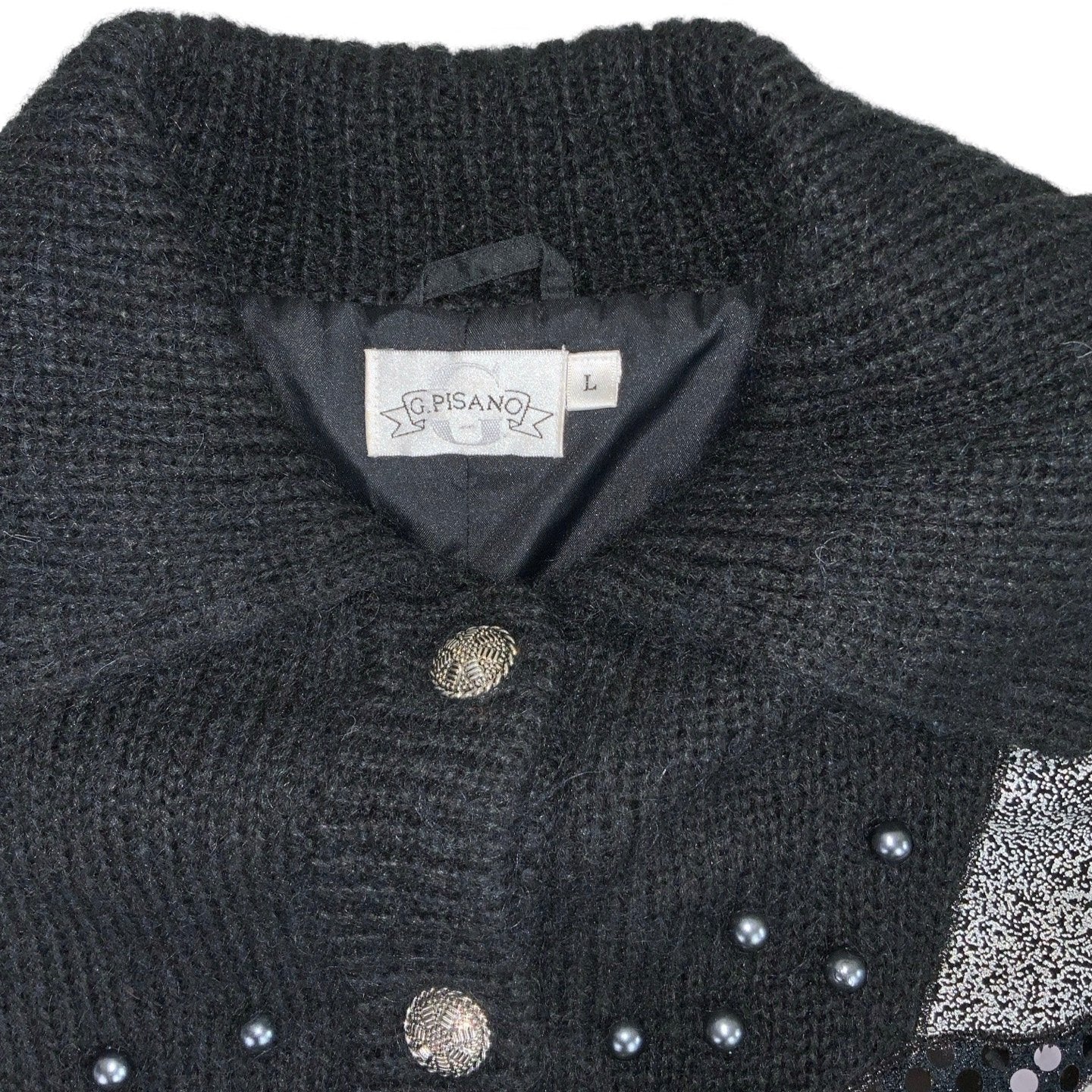 Vintage ‘G. Pisano’ Black Animal Print Beaded Cardigan L 14 16