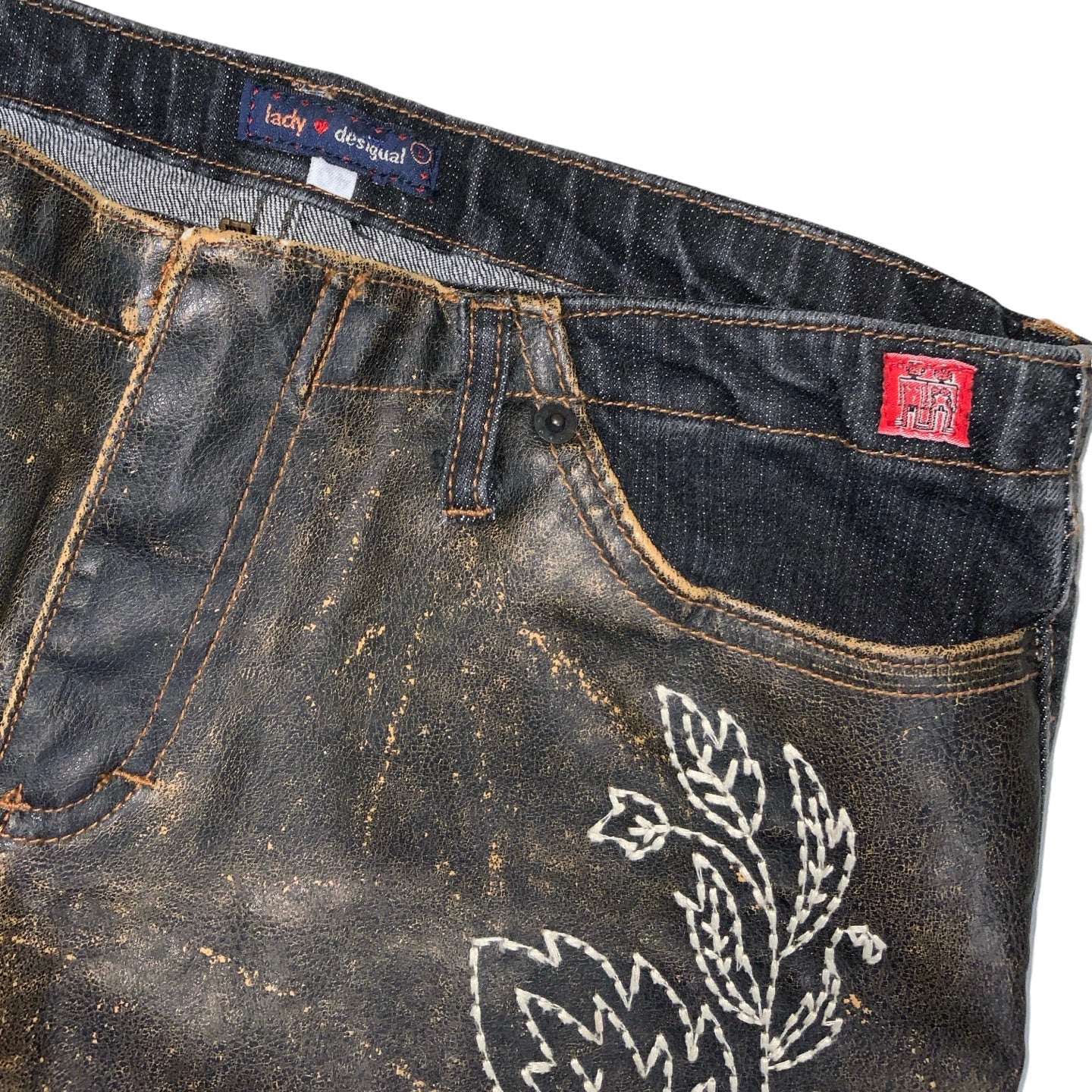 Vintage 90s Y2k ‘Desigual’ Leather Distressed Floral Patterned Denim Flared High Waisted Jeans 10 12