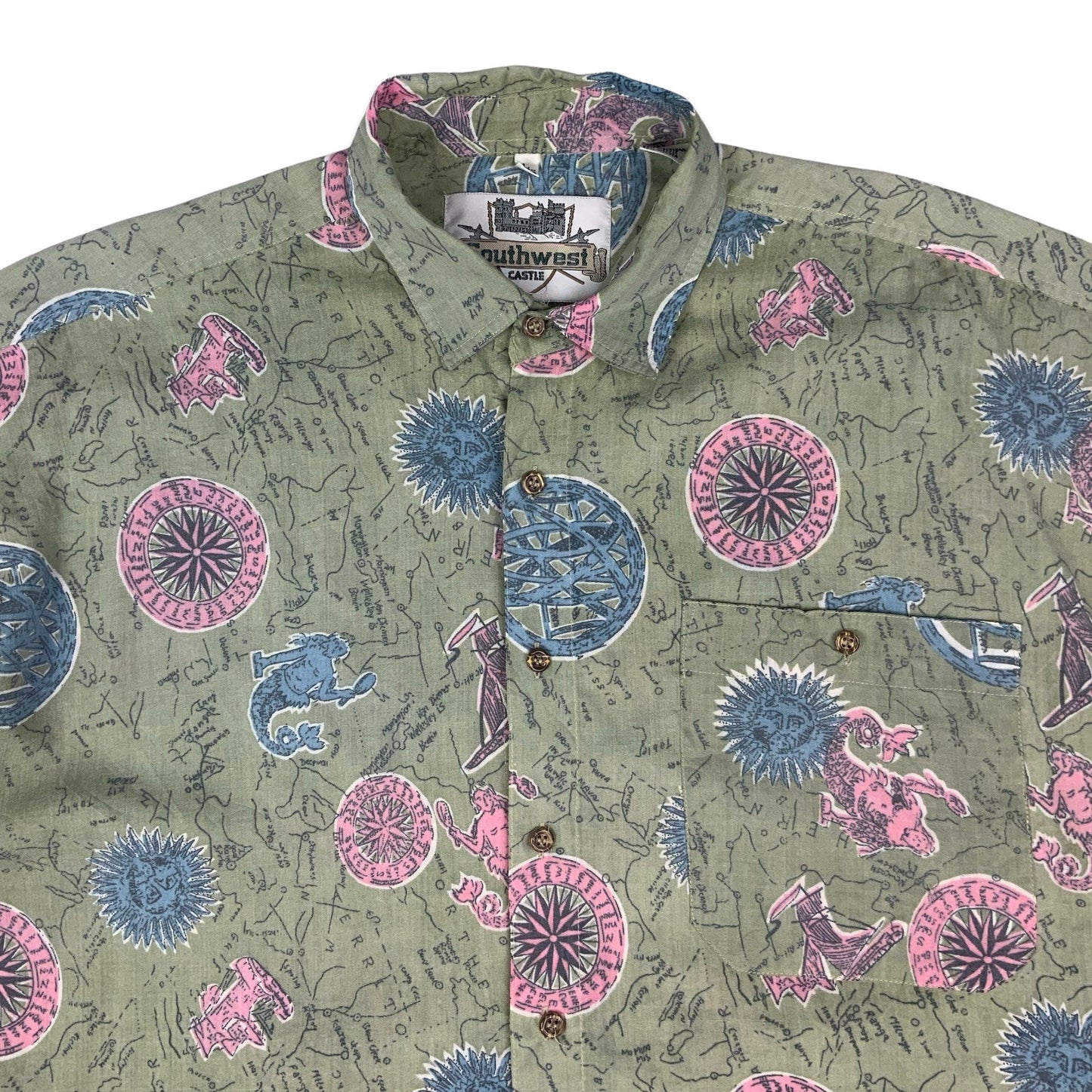 80s Baby Blue & Pink Sea Print Shirt L