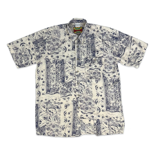 Vintage Beige & Purple Abstract Print Short Sleeve Shirt M L