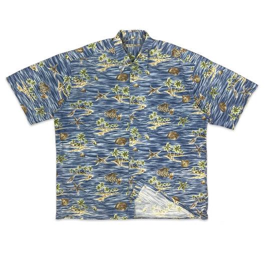 Vintage Island Theme Print Blue Hawaiian Shirt XL XXL