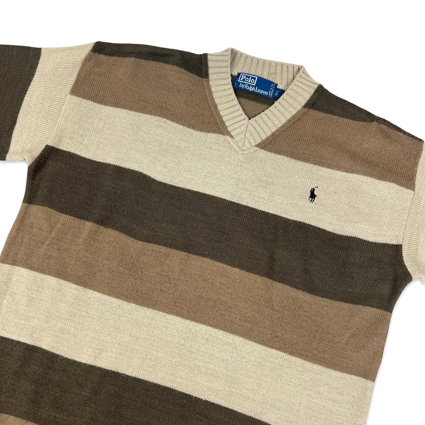 Vintage 80s 90s Ralph Lauren Brown Striped V-neck Knit Jumper M L