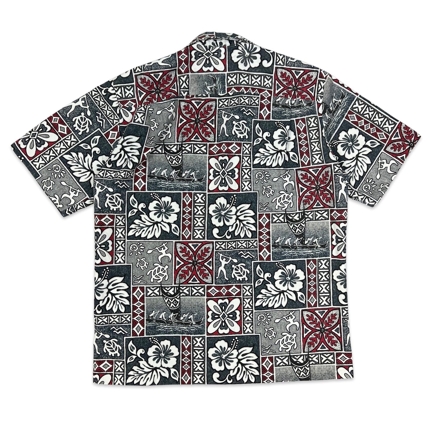 Vintage Grey & Red Made in Hawaii Abstract Print Hawaiian Shirt M L