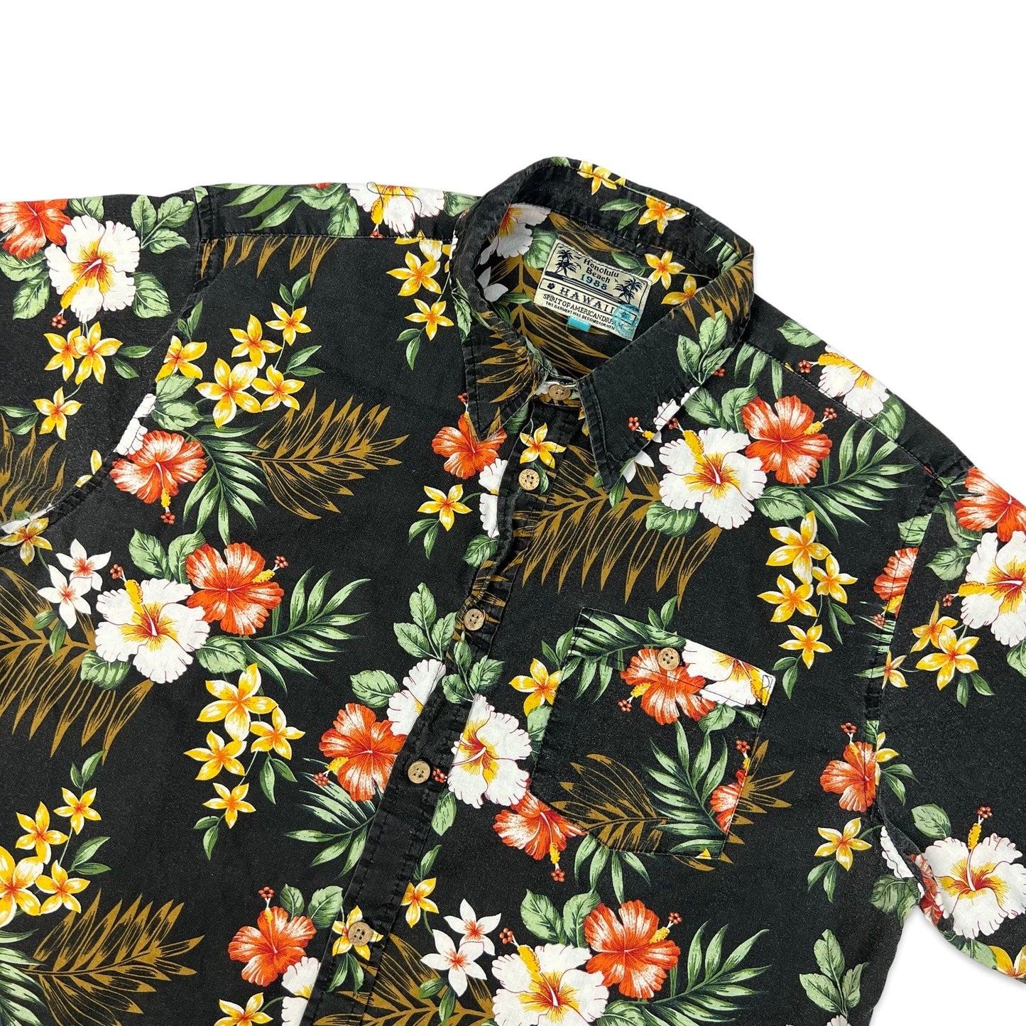 Vintage Black Floral Print Hawaiian Shirt M L