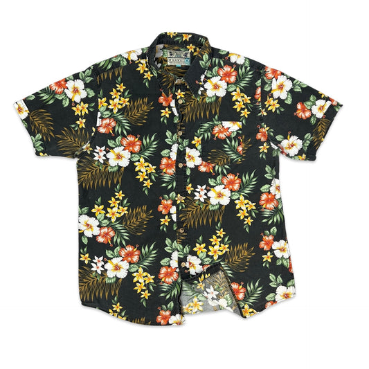 Vintage Black Floral Print Hawaiian Shirt M L