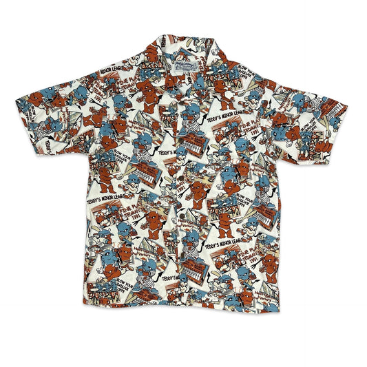 Vintage White Red & Blue Devil Baseball Print Hawaiian Shirt M L