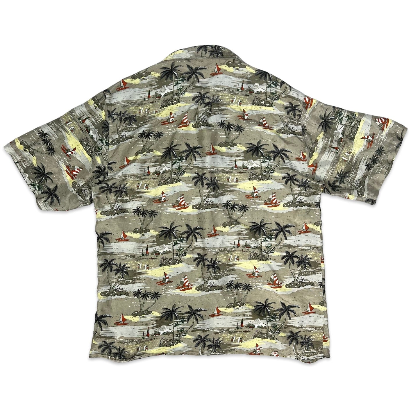 Vintage Beach Theme Print Silk Hawaiian Shirt M L