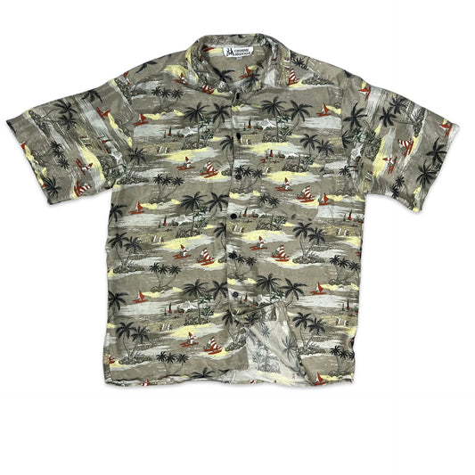 Vintage Beach Theme Print Silk Hawaiian Shirt M L