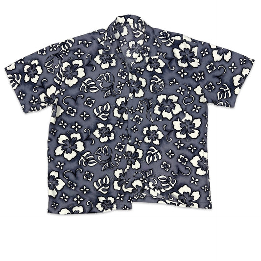 Vintage Grey & White Floral Print Hawaiian Shirt L XL