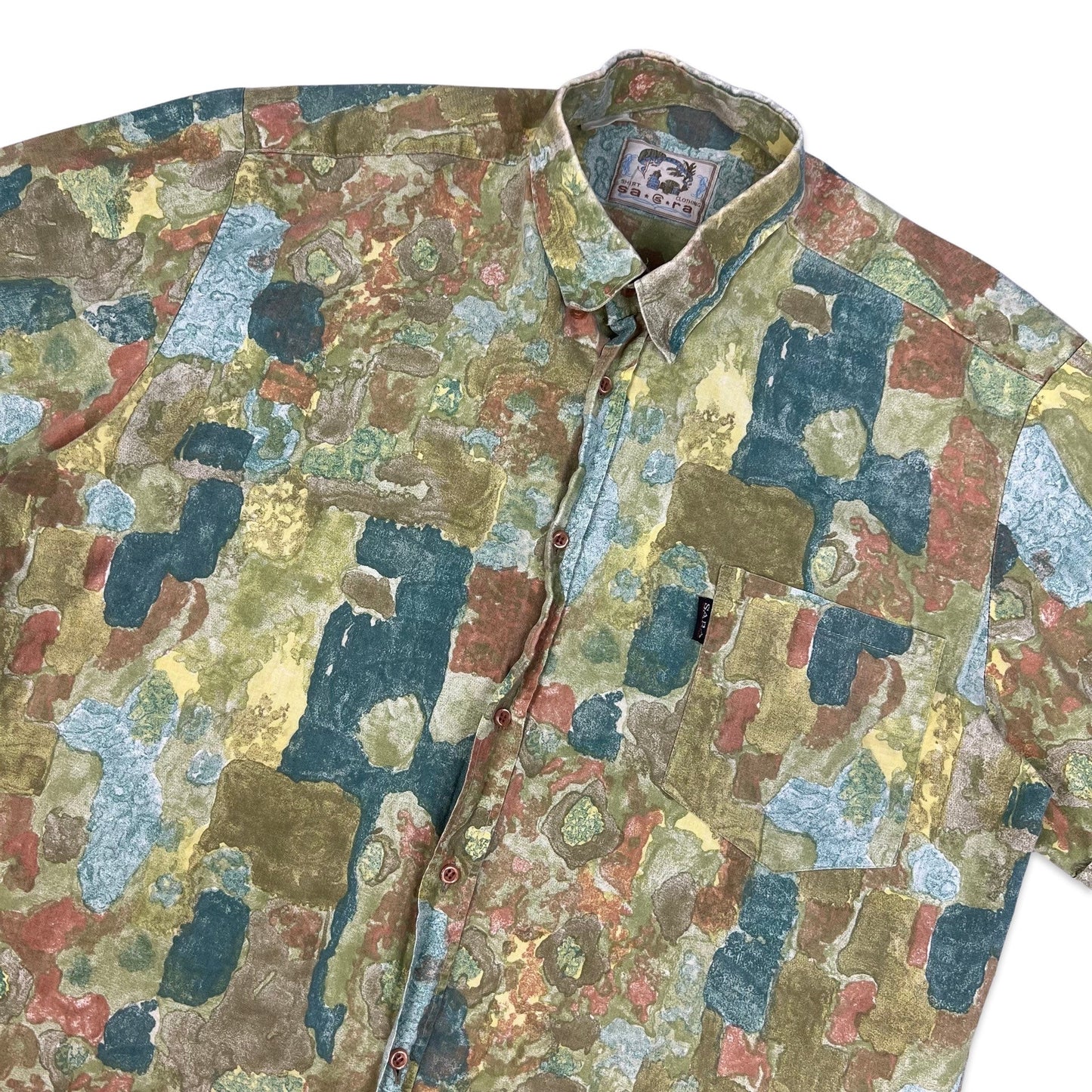 Vintage 80s Green Teal & Brown Abstract Print Shirt L XL
