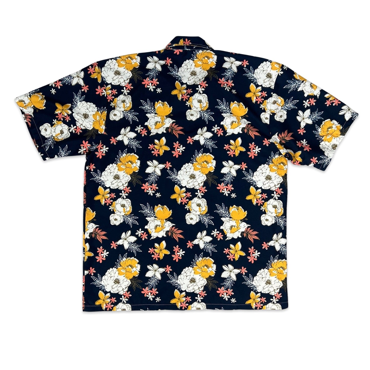 Vintage Floral Print Navy Yellow & White Short Sleeve Shirt M L