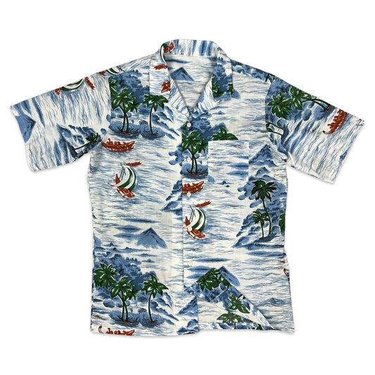 Vintage White Blue & Green Island Print Hawaiian Shirt S M