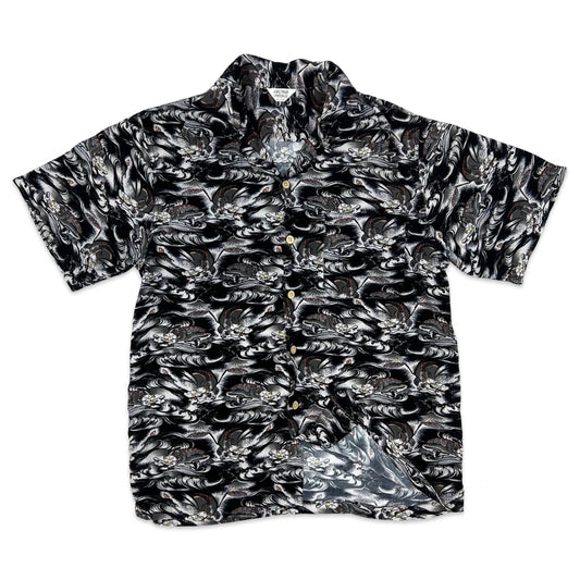 Vintage Y2K Black & White Dragon Print Hawaiian Shirt S M