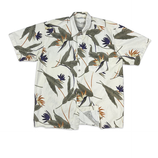 Vintage Botanical Print White Green & Orange Shirt L XL