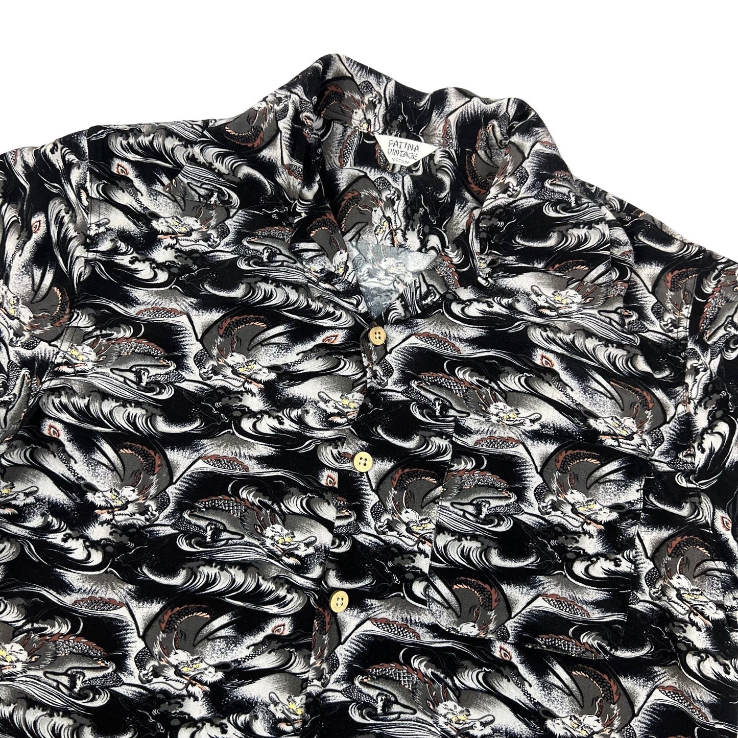 Vintage Y2K Black & White Dragon Print Hawaiian Shirt S M