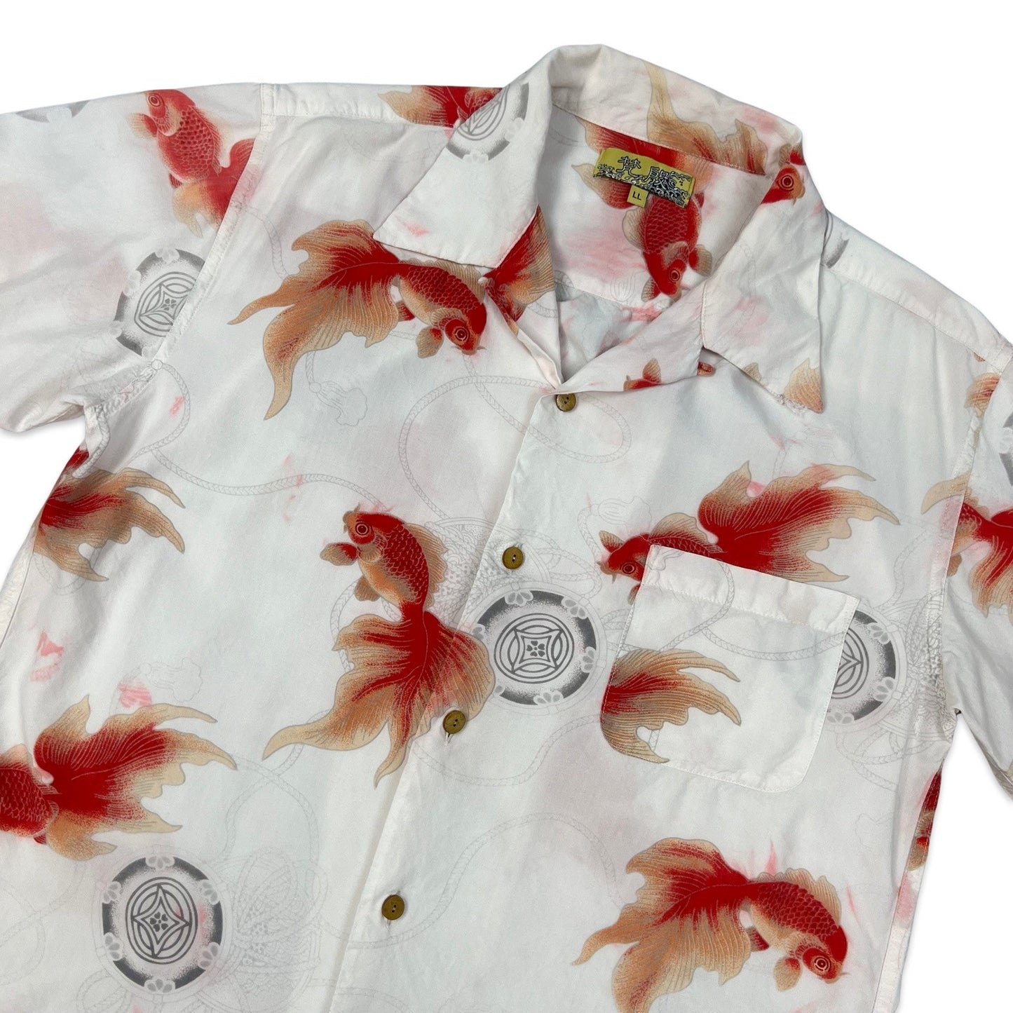 Vintage Y2K White & Orange Koi Fish Print Hawaiian Shirt M L