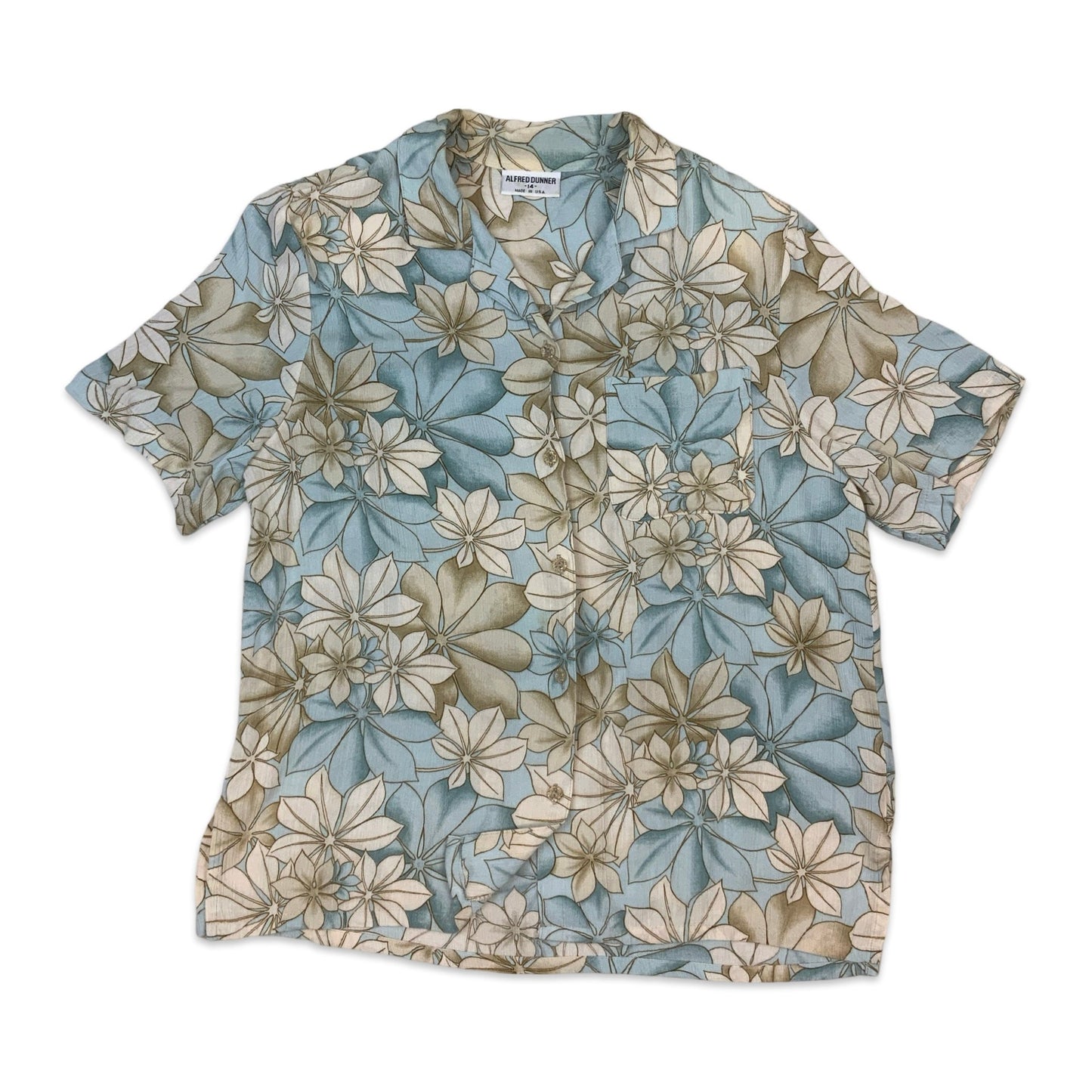 80s Blue & Beige Floral Hawaiian Shirt 14 16