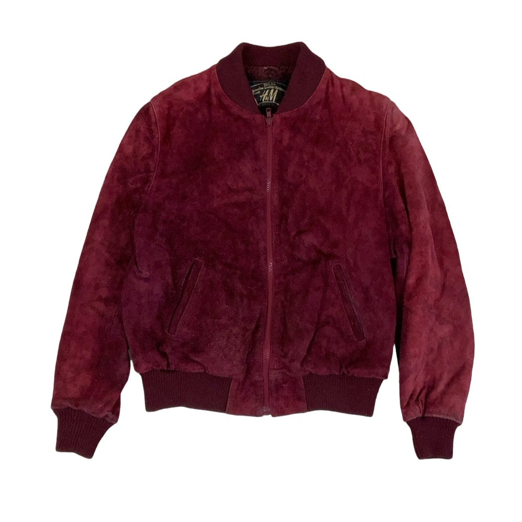 Vintage 80s 90s ‘H&M Hennes’ Burgundy Red Suede Leather Faux Fur Lined Bomber Biker Jacket 14 16