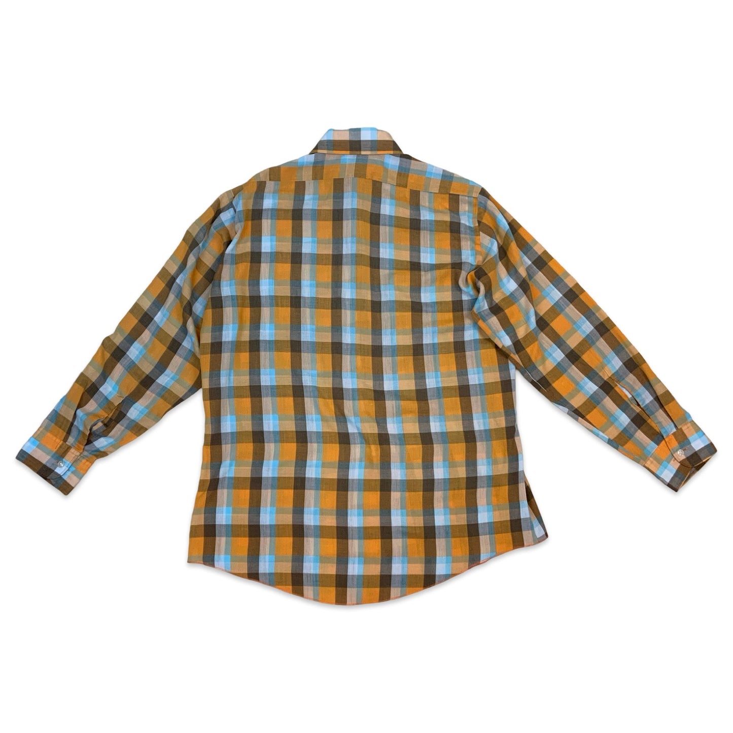 70s Orange & Blue Gingham Dagger Collar Shirt L