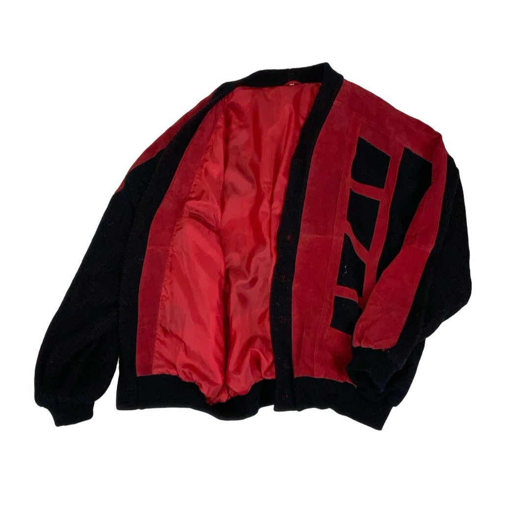 Vintage 80s Red Black Patchwork Suede Cardigan 16 18 L