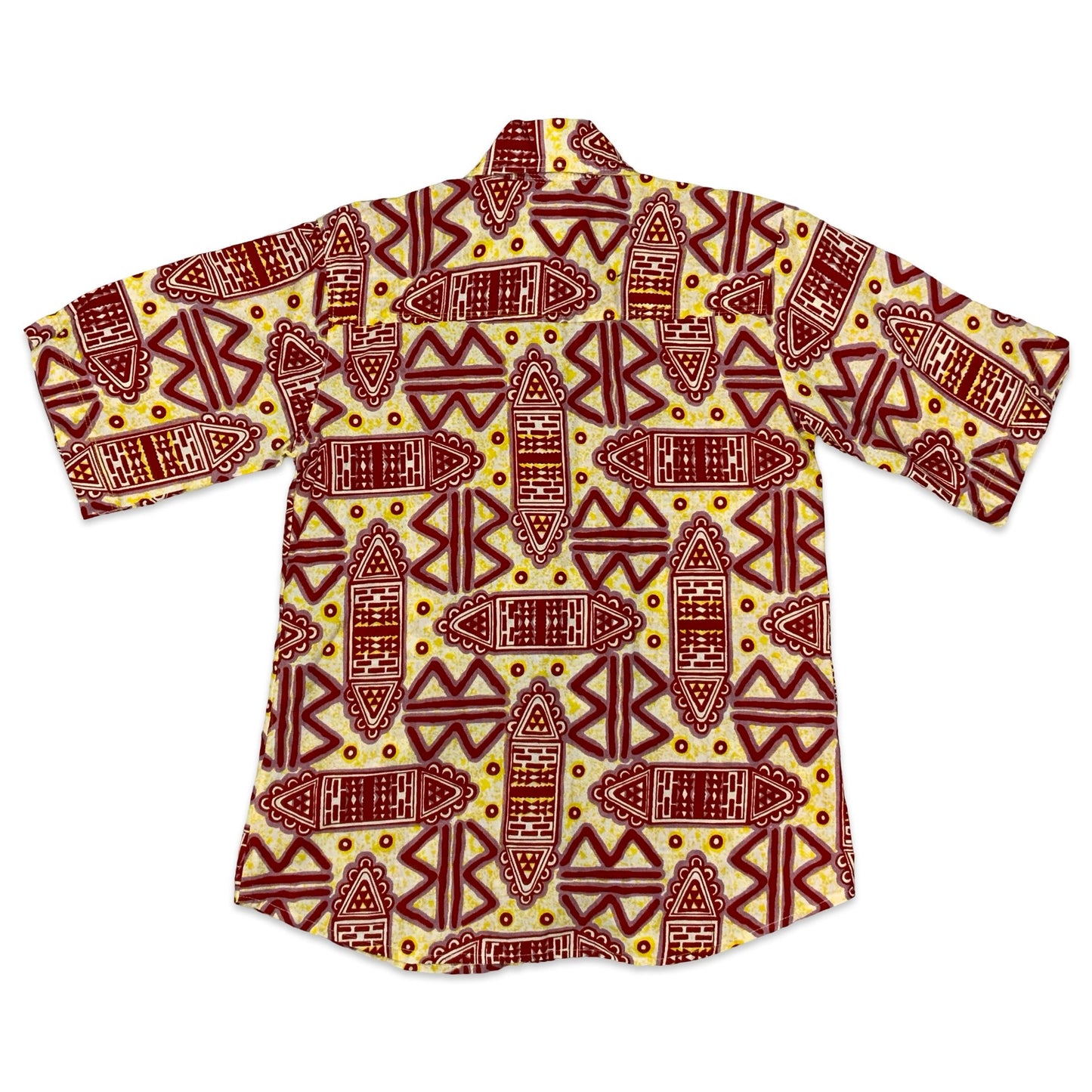 70s Red & Yellow Aztec Print Dagger Collar Shirt M