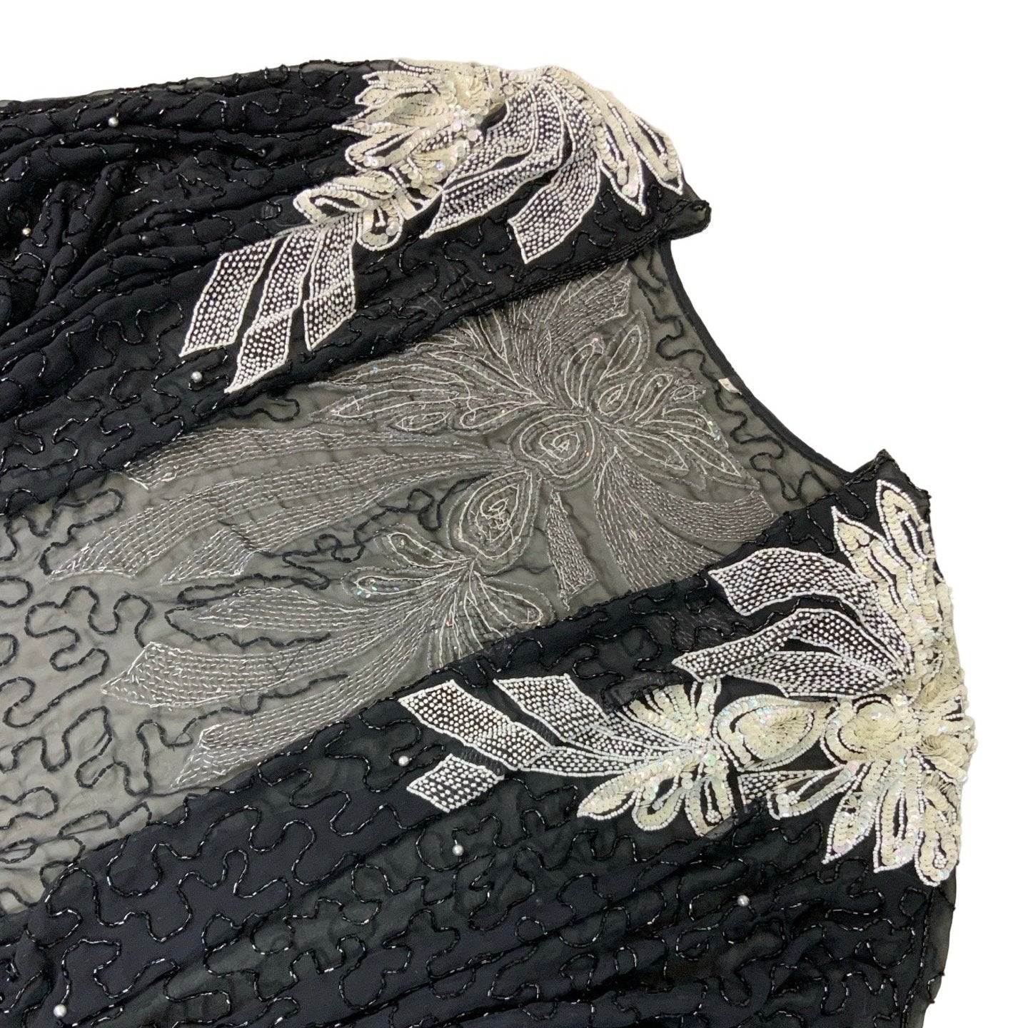 Vintage Black Sheer Beaded White Bow Open Front Cardigan Jacket M L