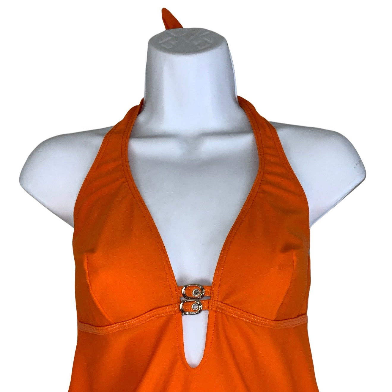 Vintage Y2k ‘l'auraBLU’ Orange Lycra Halter Neck Midi Dress 8 10