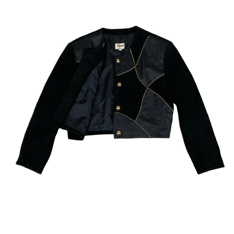 Vintage 80s ‘Kippie Company’ Black Patchwork Beaded Statement Crop Suede Leather Jacket 14 16