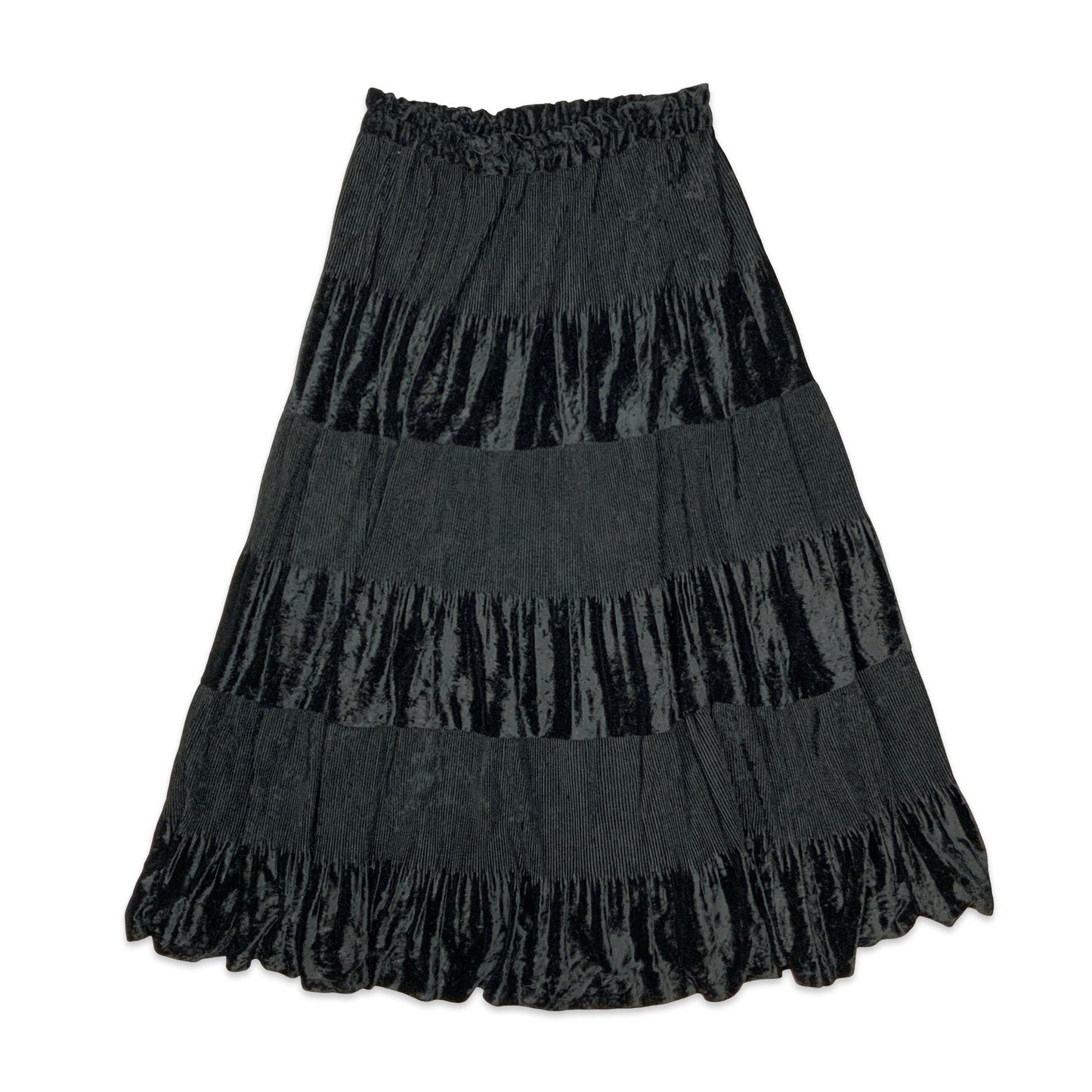 90s Black Velvet Tiered Pleated Maxi Skirt 10-18