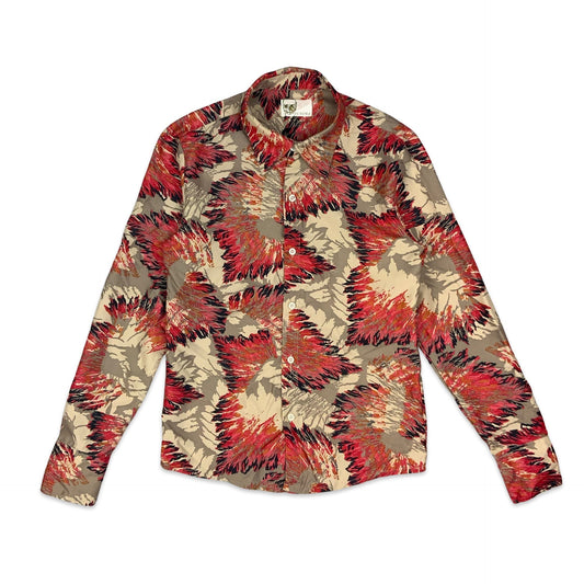 Y2K Beige & Pink Feather Print Shirt S