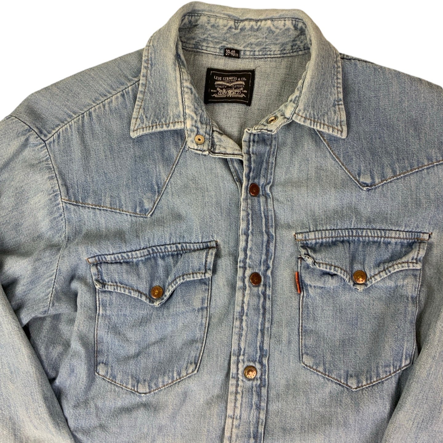 Vintage Levi Strauss & Co Orange Tab Light Blue Pop Button Denim Shirt S M