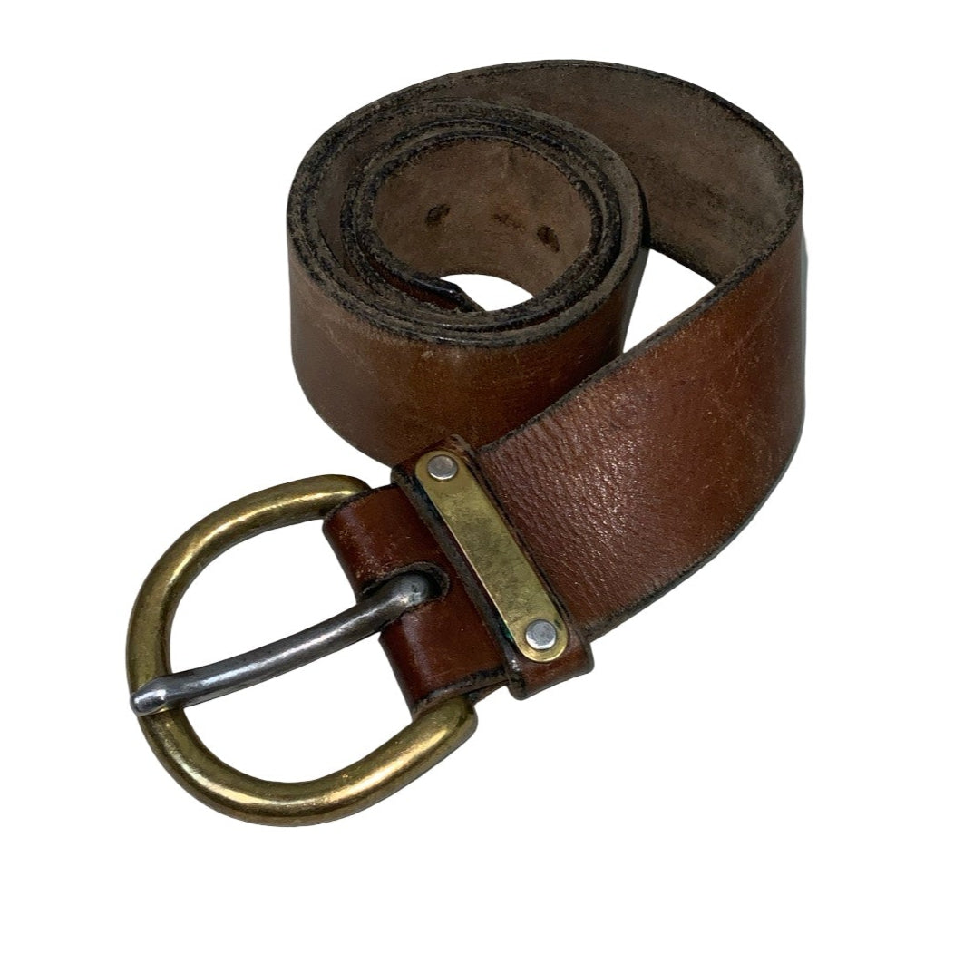 Vintage 80s 90s Brown Leather Gold Buckle Belt