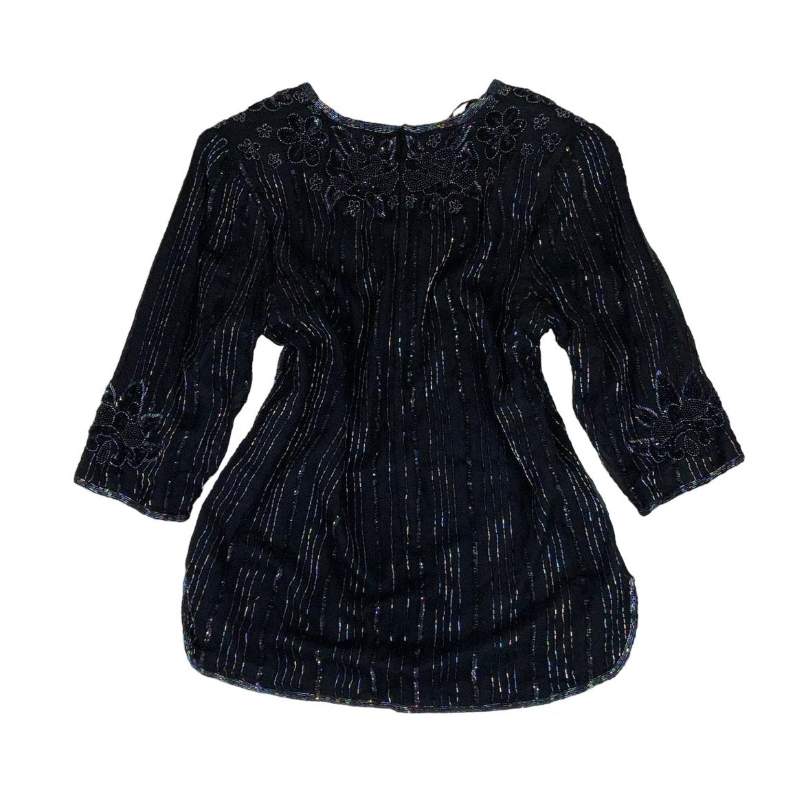 Vintage ‘American Style’ Black Rainbow Bead Sheer Blouse Top M 14 16