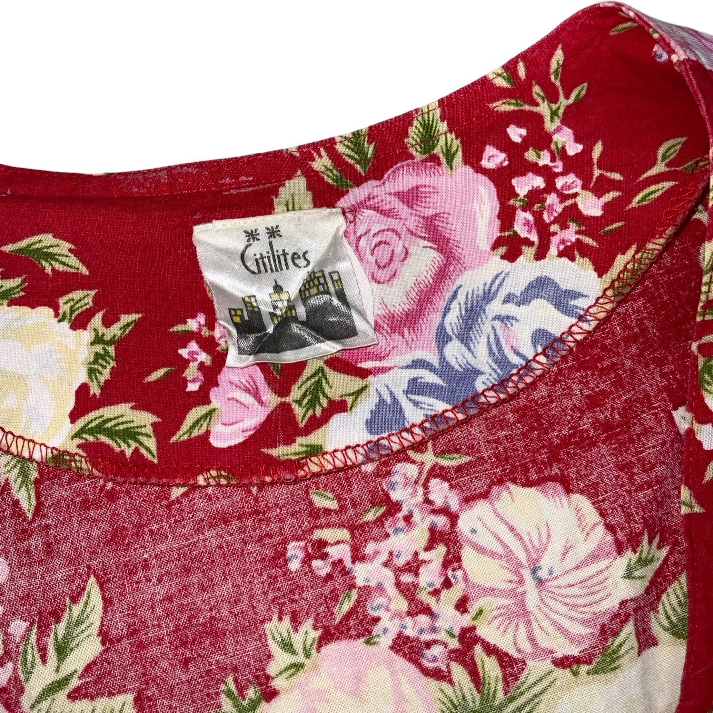 Vintage 80s 90s 'Citilites' Red Floral Aline Pockets Sleeveless Midi Dress 14 16 18