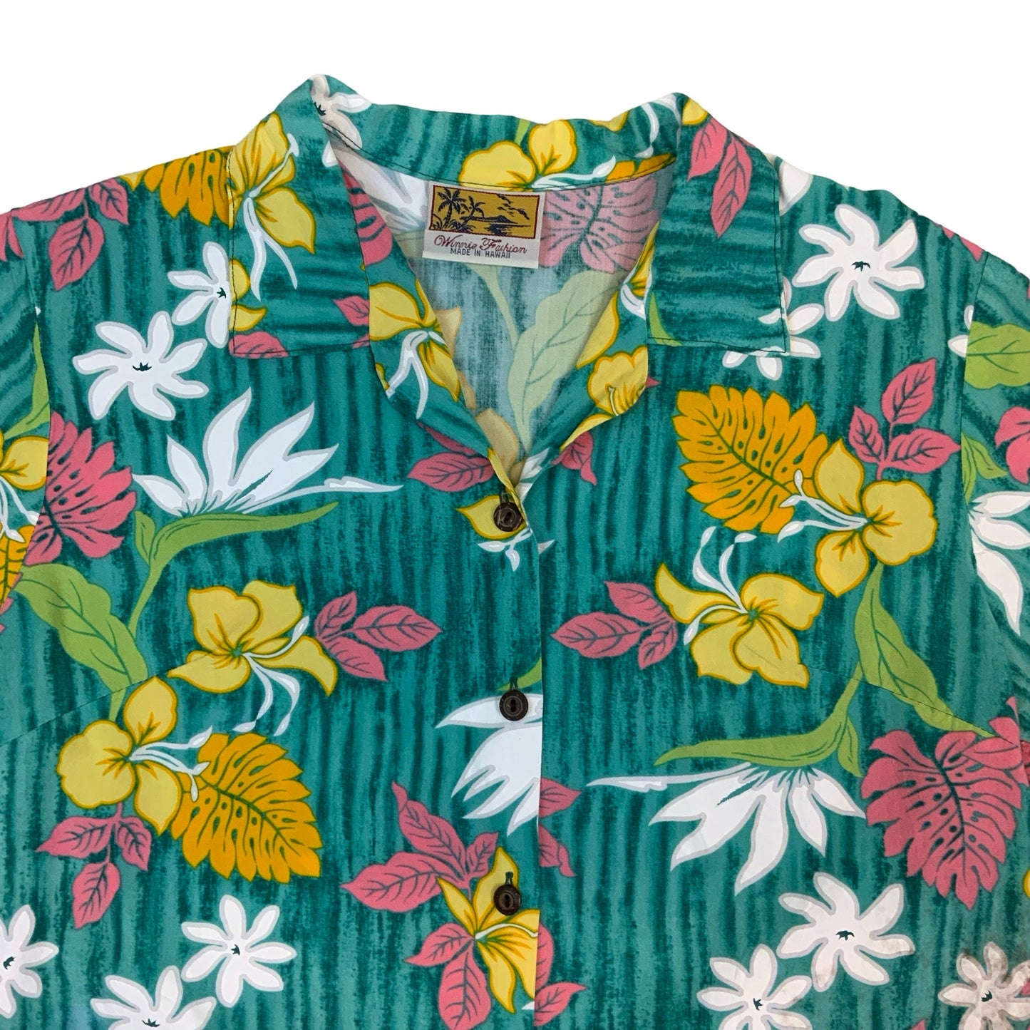 90s Teal Yellow & Pink Floral Hawaiian Shirt 8 10 12