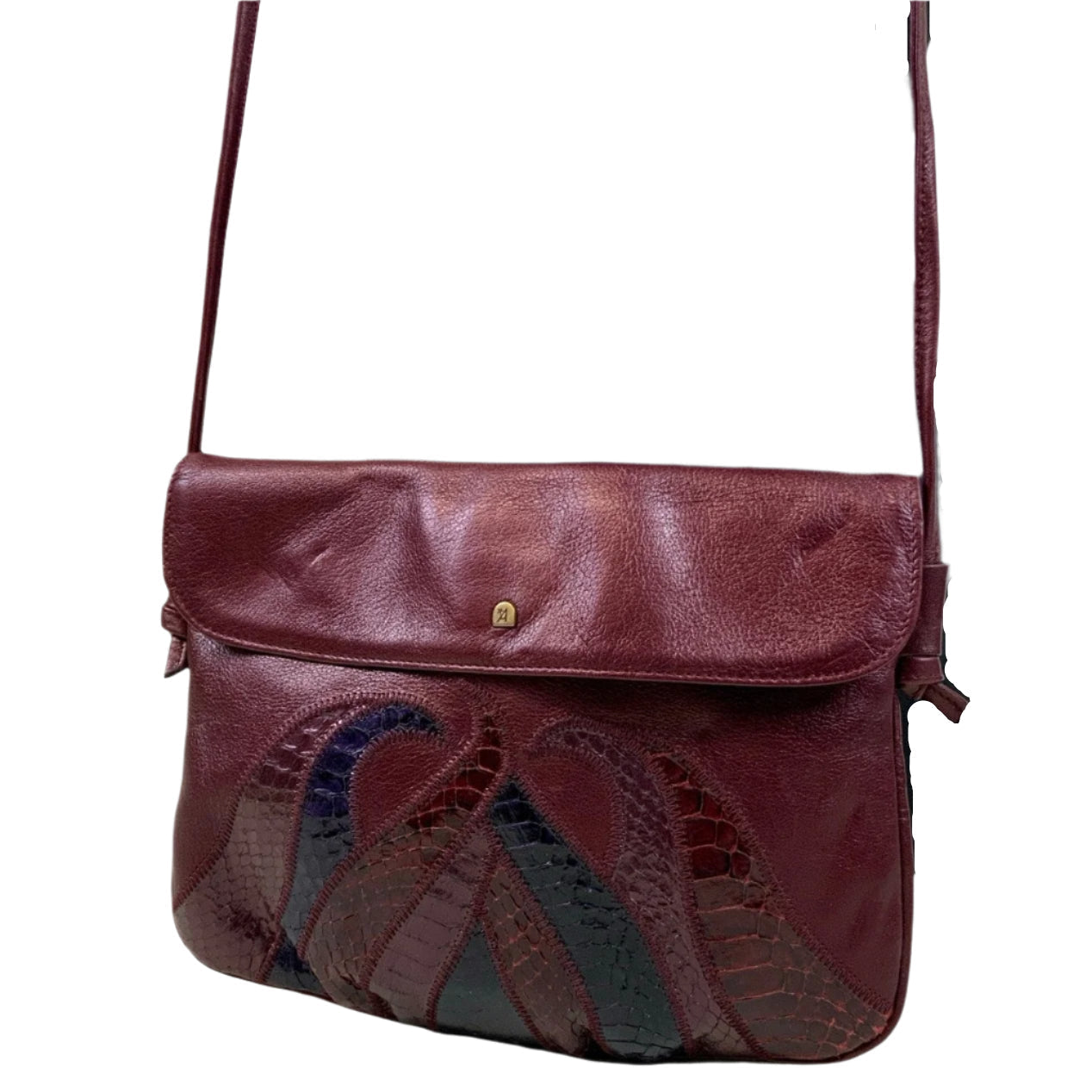 Vintage 90s does 70s Burgundy Black Snakeskin Shoulder Patchwork Purse Shoulder