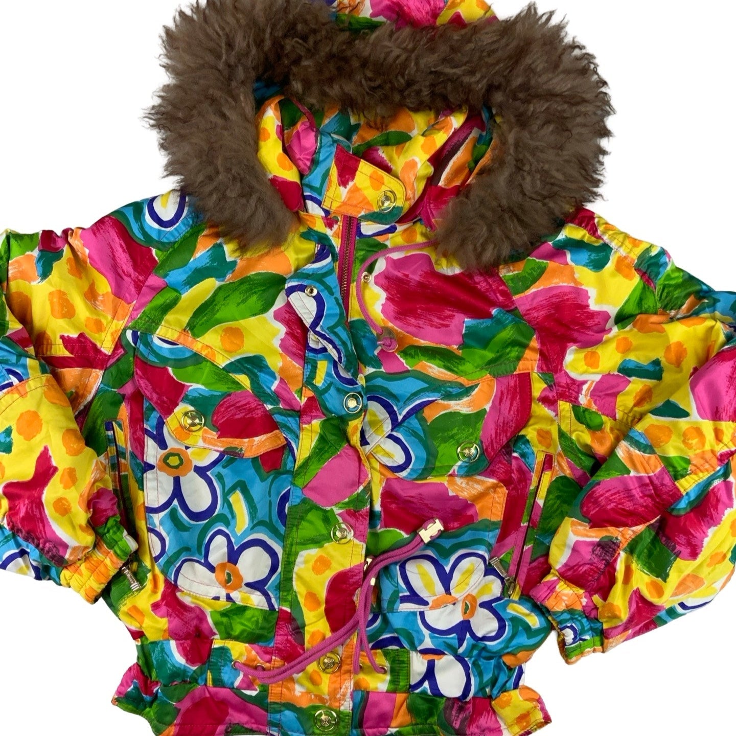 Vintage 80s 90s ‘Ellesse GoldWin’ Yellow Blue Green Red Floral Vibrant Crop Ski