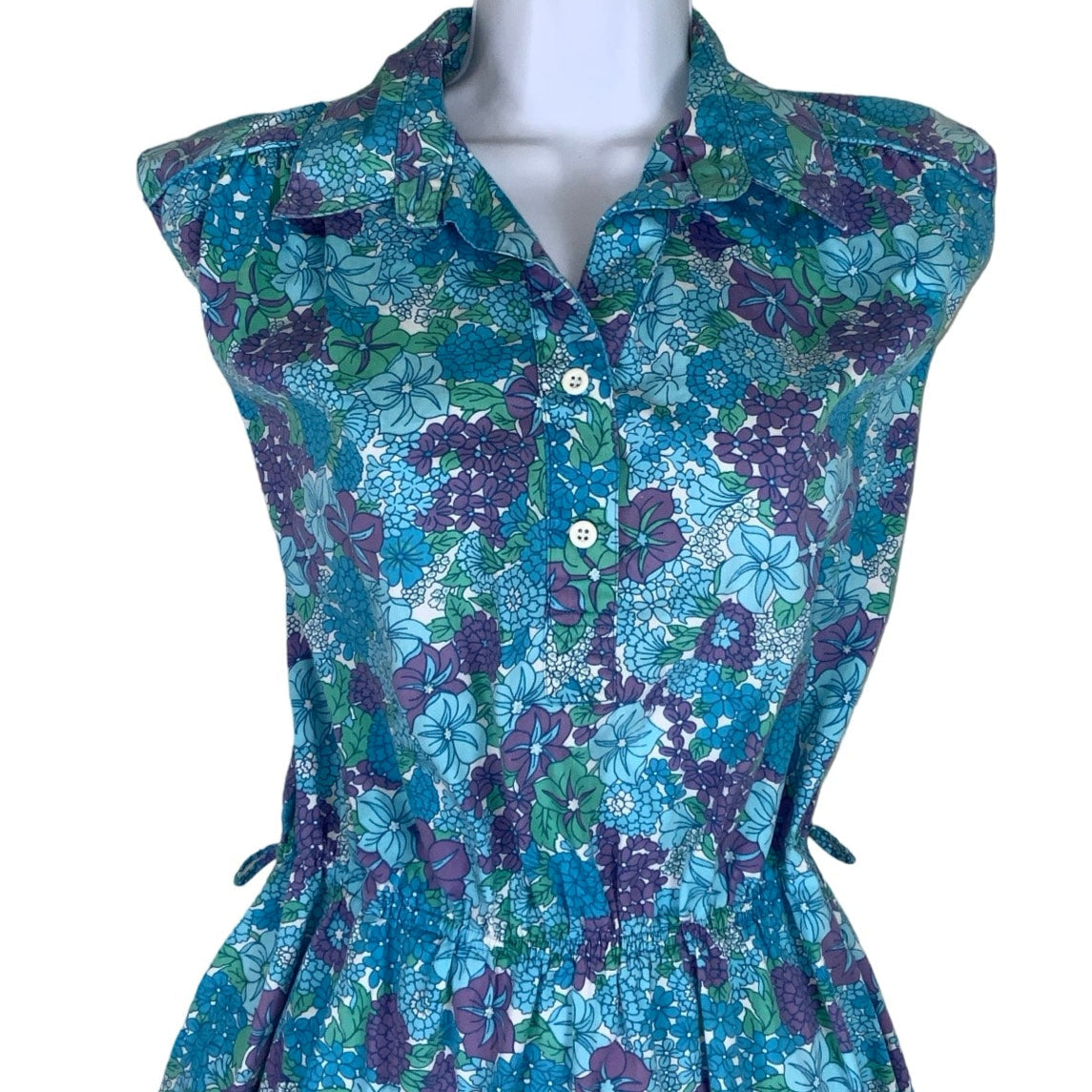 Vintage 80s Blue Purple Green Floral Sleeveless Summer Dress 10 12