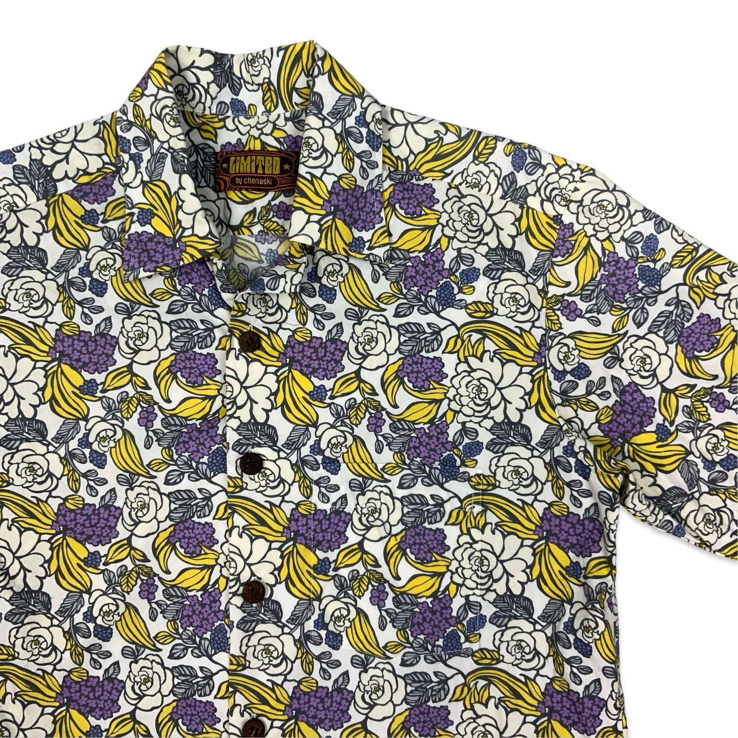 Y2K White Purple & Yellow Botanical Print Aloha Shirt M