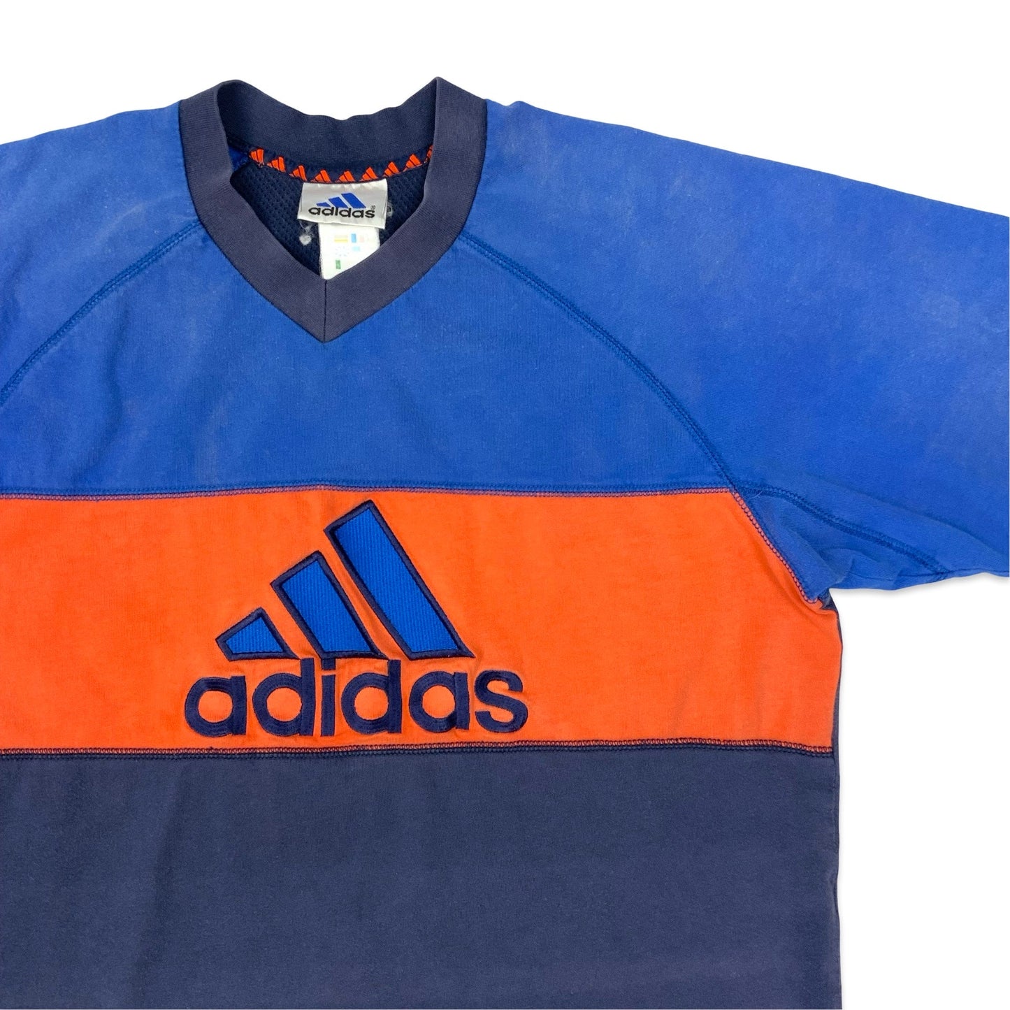 Vintage 90s Adidas Blue & Orange Embroidered Big Logo Tee L