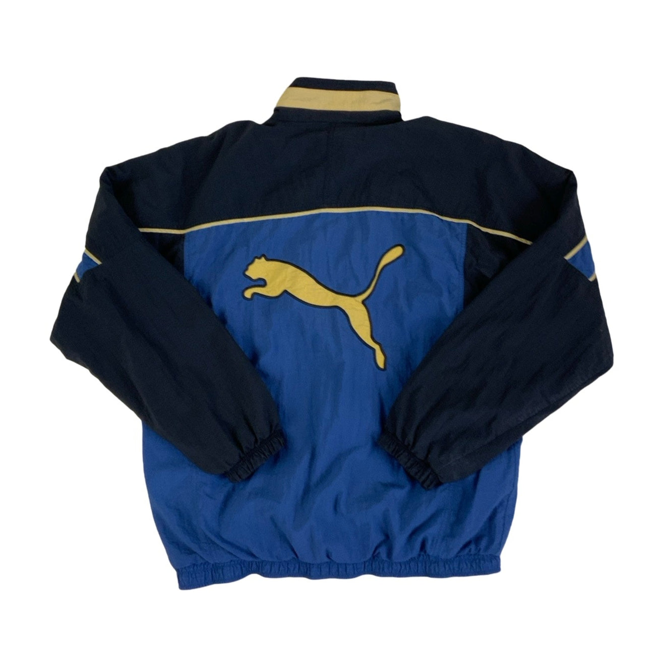 Vintage 80s 90s Puma Blue Black Yellow Stripe Bomber Windbreaker Jacket L XL