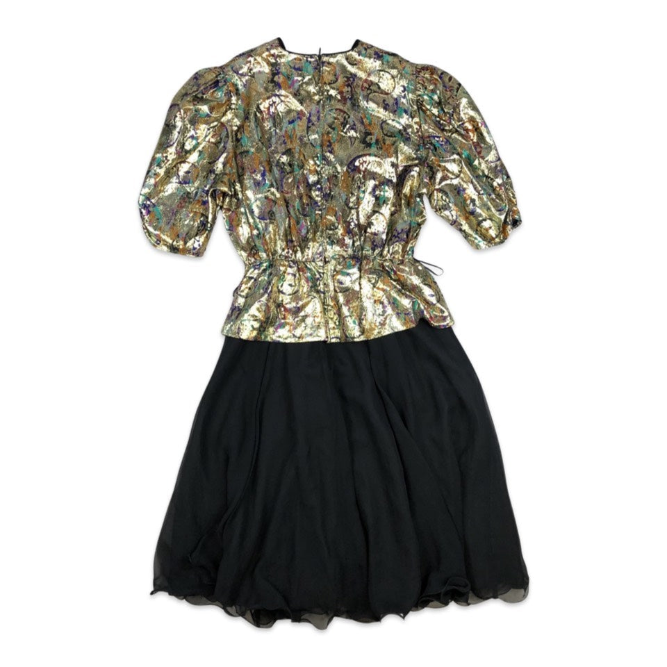 Vintage Black Gold Paisley Print Lurex Party Dress 10 12 14 16