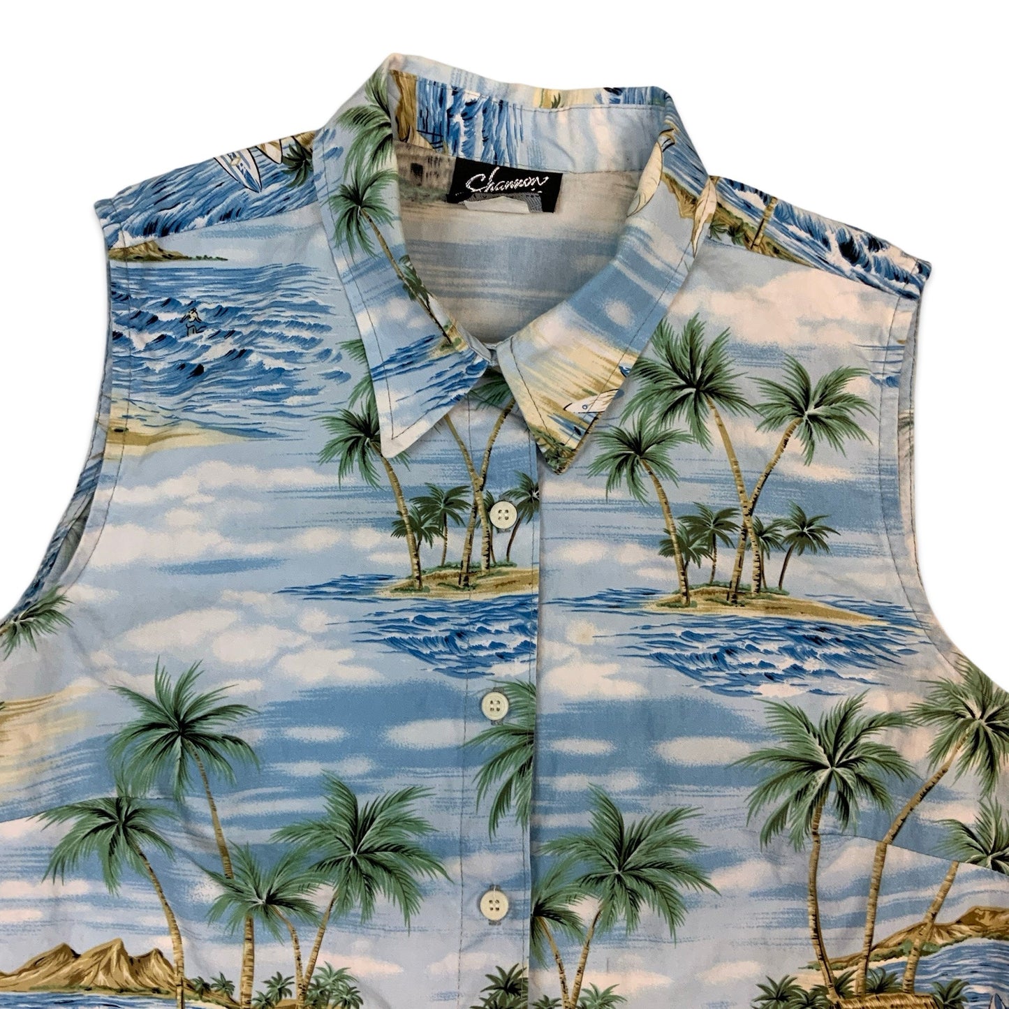 90s Blue Button Up Hawaiian Sleeveless Blouse 10 12